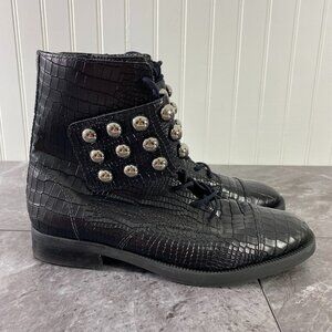 Schutz Boots Womens 10‎ Black Marieta Croc Embossed Leather Studded Shoes Ankle